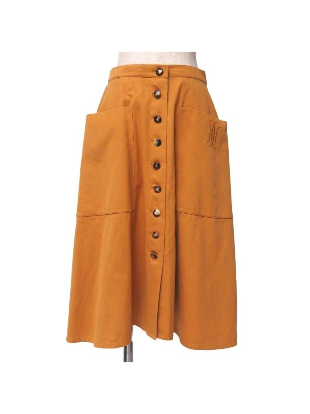Hermes Vintage Skirt Flare Front Buttonskirt Logo Embroidery